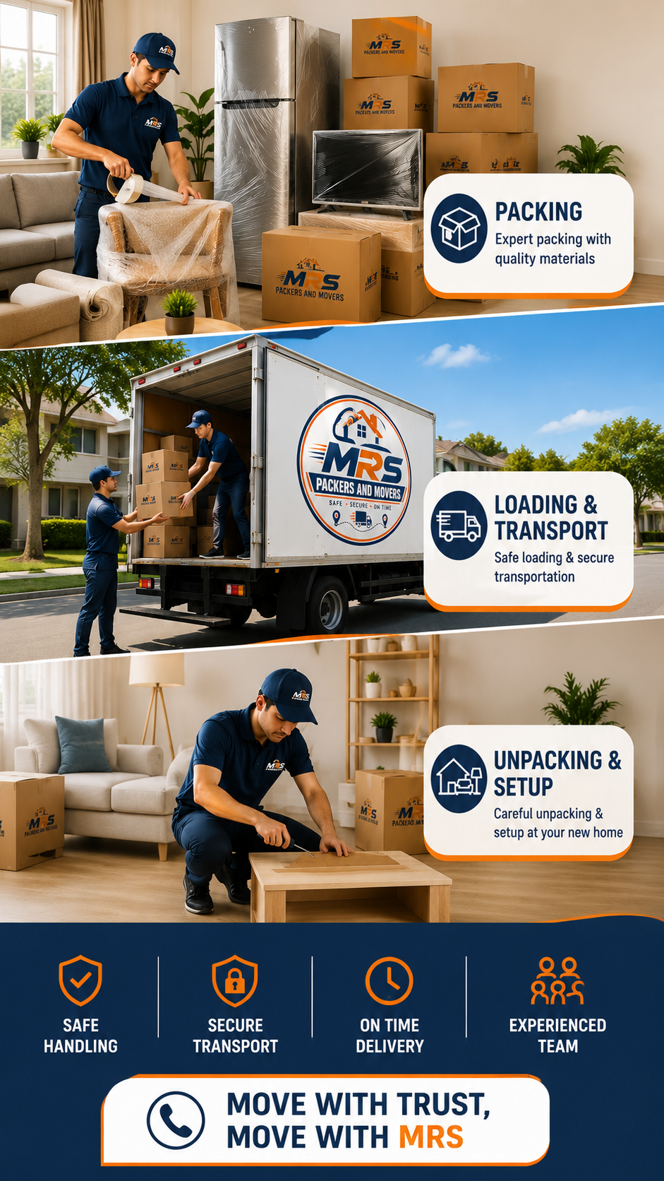Services offered by MRS MRS Packers & Movers team packing household items, loading boxes into a branded moving truck, and setting up furniture in a new home.